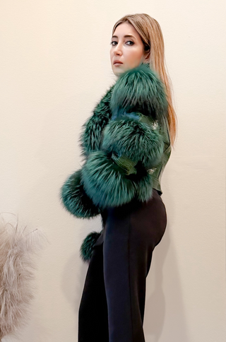Della Fur Trim Crop Leather Jacket in Emerald Green