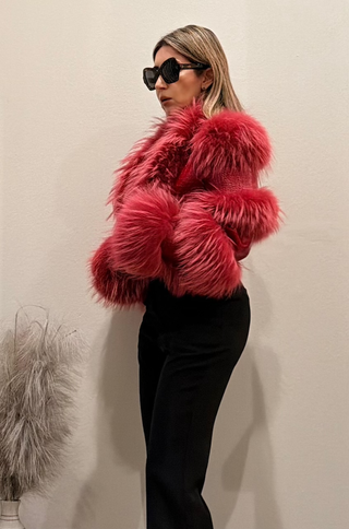 Della Fur Trim Crop Leather Jacket in Pomegranate