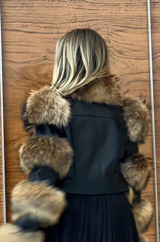 Back view of Della Fur Trim Crop Leather Jacket in black from shopUNIQUES.com