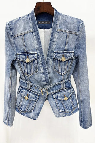 Structured denim jacket with four flap pockets and belt