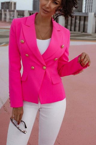 gold button double breasted blazer hot pink