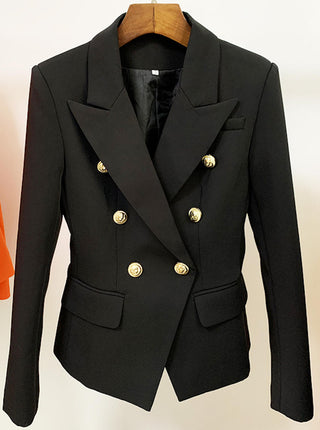 Gold tone statement buttoned double breasted blazer black