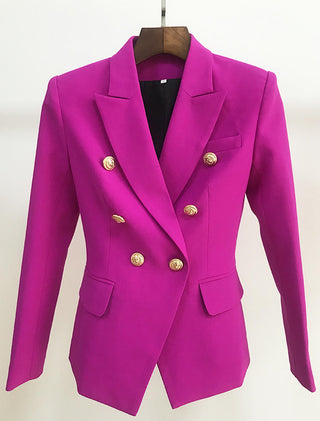 Gold tone statement buttoned double breasted blazer fuchsia