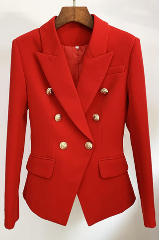 Gold tone statement buttoned double breasted blazer red