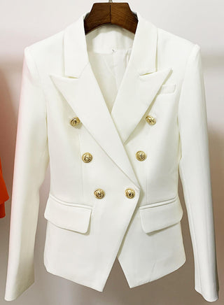 Gold tone statement buttoned double breasted blazer white