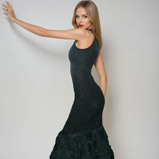 Model wearing Midnight Bloom black glitter mermaid gown with floral mesh hem – shopUNIQUES