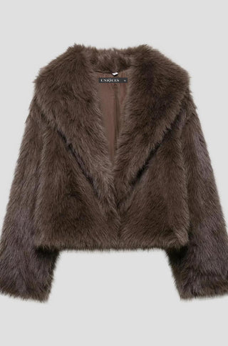Luxury-inspired faux fur cropped coat in brown – chic winter outerwear for parties and casual layering