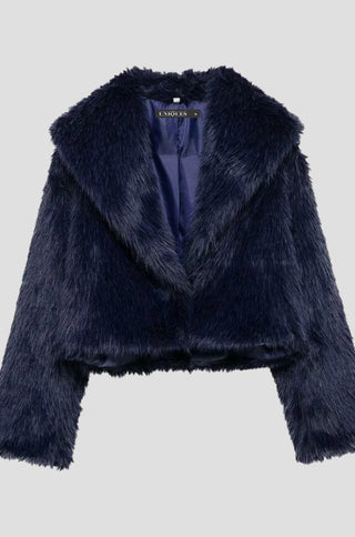 Navy faux fur crop jacket for women – cropped vegan fur coat with wide lapels and soft plush texture