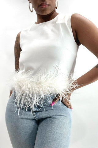 feather trimmed sleeveless crop top