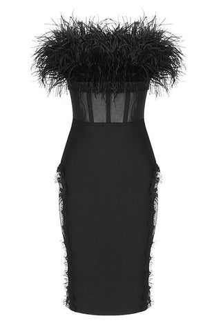 feather-trimmed strapless midi bodycon dress