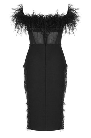 feather-trimmed strapless midi bodycon dress