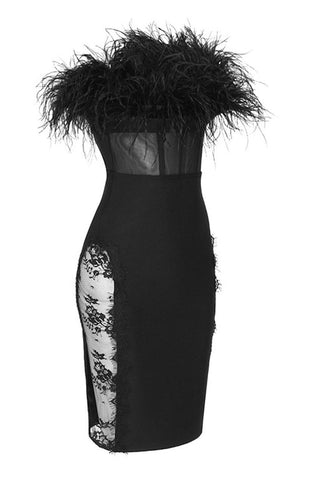 feather-trimmed strapless midi bodycon dress