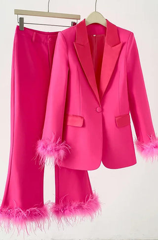 Hot Pink Feather Blazer Pants Set