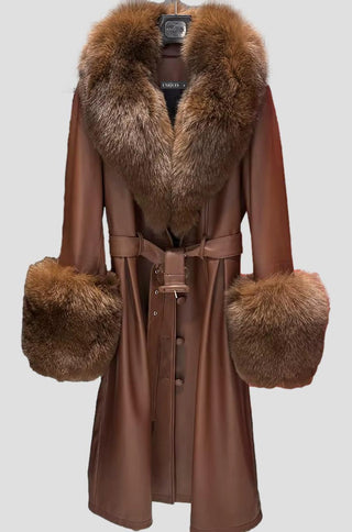 Zoie Fox Fur Collar Genuine Leather Trench Coat