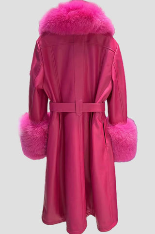 Zoie Fox Fur Collar Genuine Leather Trench Coat