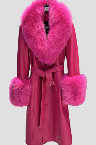Zoie Fox Fur Collar Genuine Leather Trench Coat