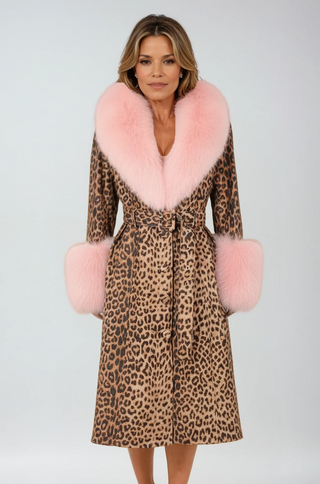 Leopard Print Genuine Leather Trench Coat