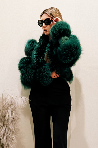 Della Fur Trim Crop Leather Jacket in Emerald Green