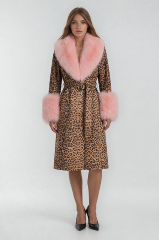 Leopard Print Genuine Leather Trench Coat