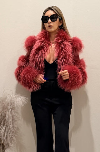 Della Fur Trim Crop Leather Jacket in Pomegranate