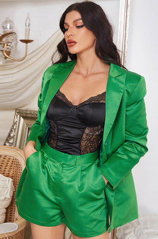 green satin blazer shorts set