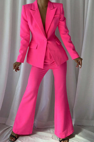 hot pink long sleeve collared blazer wide leg pants set