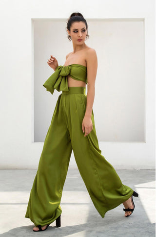 Satin Two piece tie front crop top and wide leg pants set