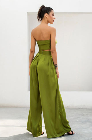 Satin Two piece tie front crop top and wide leg pants set