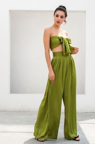 Satin Two piece tie front crop top and wide leg pants set