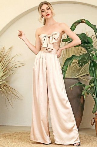 Satin Two piece tie front crop top and wide leg pants set