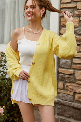 yellow pearls front button long knitted cardigan