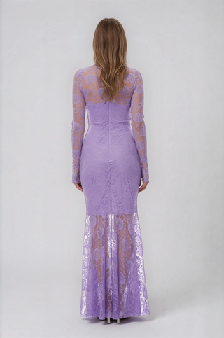 Lavender floral lace evening dress back view