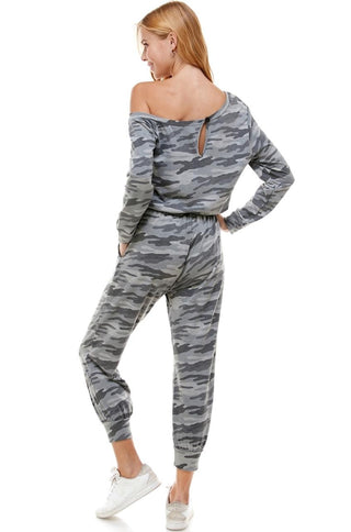 off shoulder camouflage jumpsuit