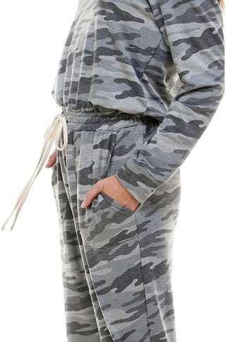 off shoulder camouflage jumpsuit