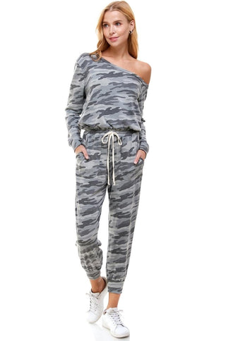 off shoulder camouflage jumpsuit