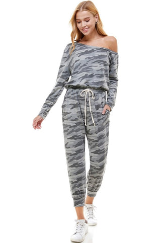 off shoulder camouflage jumpsuit