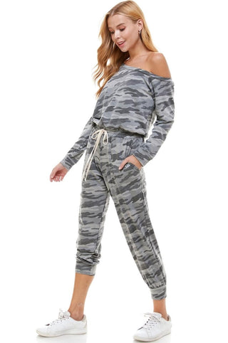 off shoulder camouflage jumpsuit