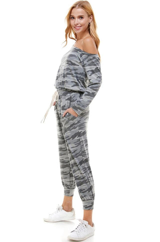 off shoulder camouflage jumpsuit