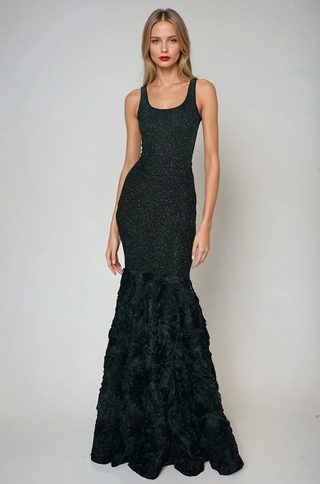 Model wearing Midnight Bloom black glitter mermaid gown with floral mesh hem – shopUNIQUES