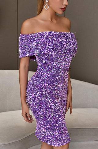 Lilac Sequin Off Shoulder Bodycon cocktail dress