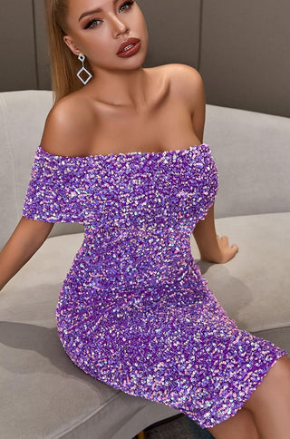 Lilac Sequin Off Shoulder Bodycon cocktail dress