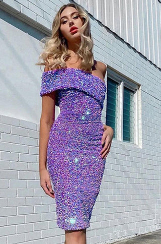 Lilac Sequin Off Shoulder Bodycon cocktail dress