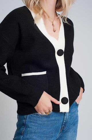 Q2 White Contrast Trim Black Knitted Cardigan