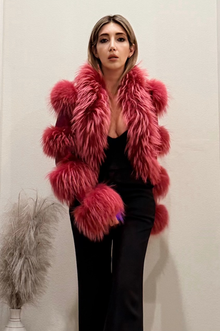 Della Fur Trim Crop Leather Jacket in Pomegranate