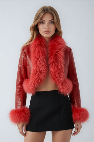 Red croc embossed leather crop jacket with red raccoon fur trim
