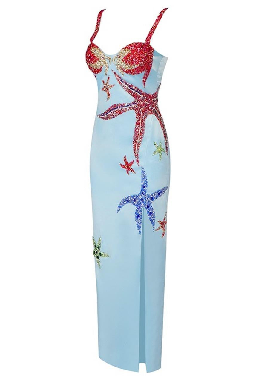 Rhinestone Starfish Satin Maxi Dress Sky Blue / M Rhinestone Starfish Satin Maxi Dress Sky Blue / M