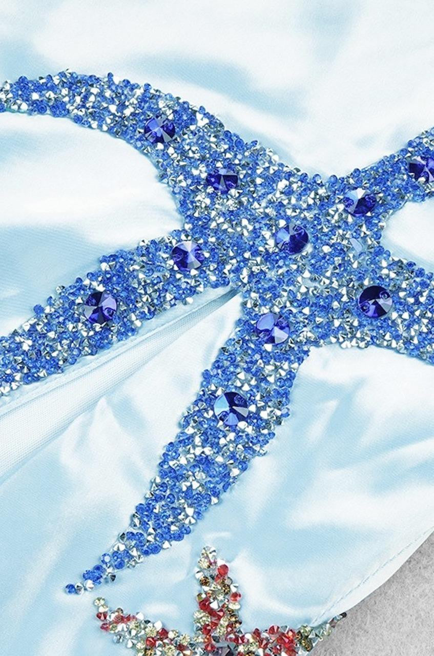 Rhinestone Starfish Satin Maxi Dress Sky Blue / M Rhinestone Starfish Satin Maxi Dress Sky Blue / M