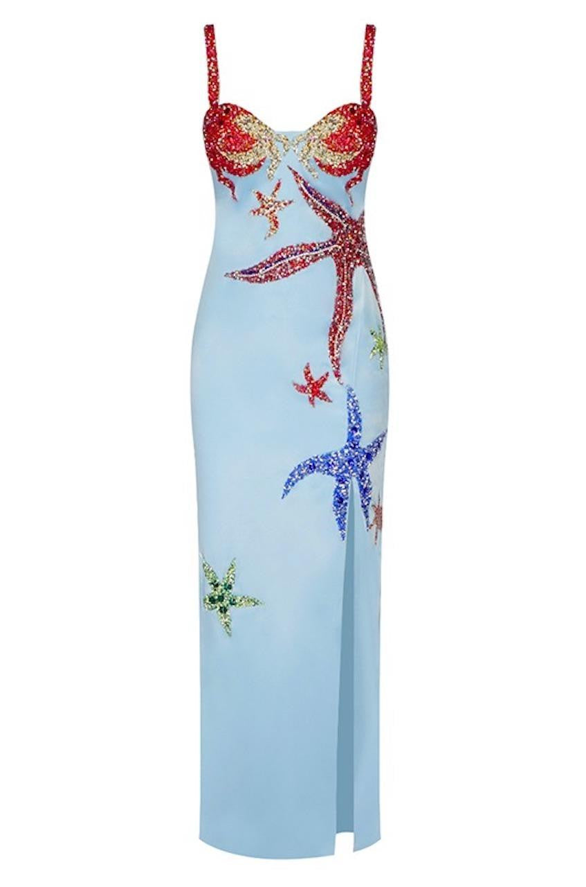 Rhinestone Starfish Satin Maxi Dress Sky Blue / M Rhinestone Starfish Satin Maxi Dress Sky Blue / M