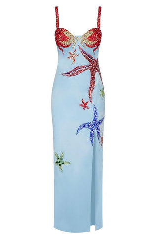 rhinestone starfish satin maxi dress