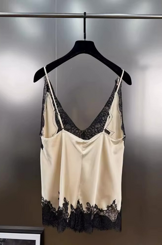 back view of Ivory satin camisole with adjustable straps and lace appliqué